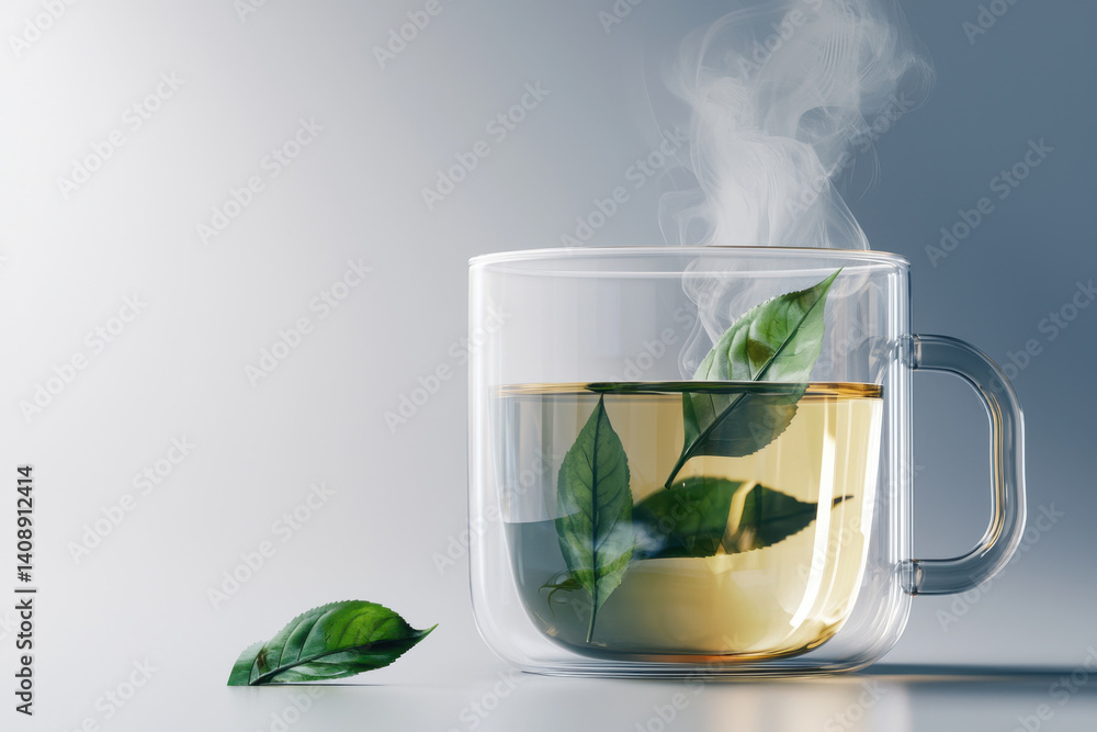 Isolated hot green tea beverage with floating tea leaves in a clear mug serene environment close-up viewpoint for culinary enthusiasts