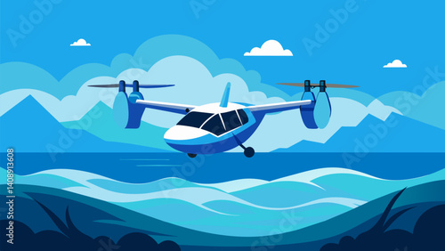 An eVTOL is shown hovering above a vast ocean drawing power from an innovative wave energy converter to keep it airborne.. Vector illustration