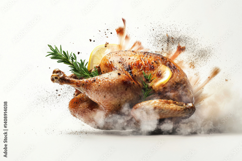 Isolated whole roasted chicken with crispy golden brown skin gourmet food and beverage photography minimalist environment close-up viewpoint culinary concept