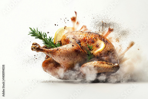 Obraz na płótnie Isolated whole roasted chicken with crispy golden brown skin gourmet food and beverage photography minimalist environment close-up viewpoint culinary concept w salonie
