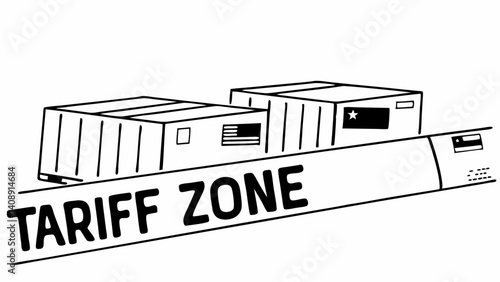 Trade Zone: Two shipping containers bearing national flags, placed on a band featuring bold text that reads "Tariff Zone" .