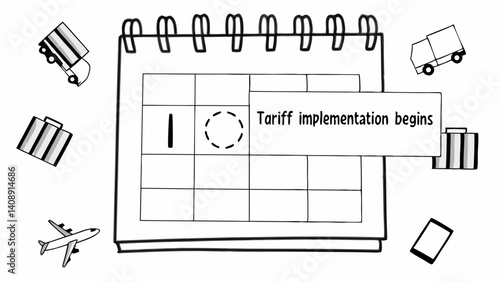 Tariff Implementation Calendar: A digital calendar displays the beginning of tariff implementation, with symbols of logistics, including trucks, a plane, and packages.