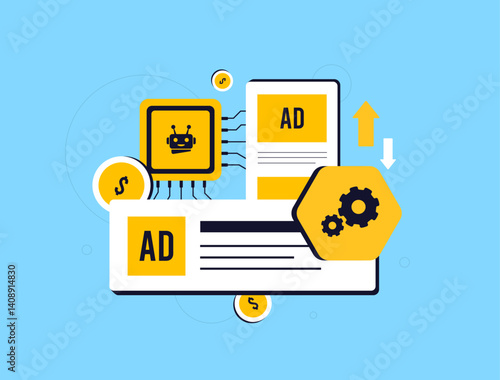 AI-driven ad automation improves ads placement precision and audience targeting while reducing manual work and boosting campaign performance. AI in programmatic advertising Vector illustration