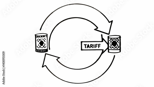 Trade and Tariff: Visual depiction of goods exchange, highlighting import taxes on commodities.