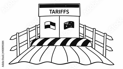 Tariffs and Barriers: A stark black-and-white illustration depicts a symbolic border checkpoint or toll booth with the word "Tariffs" prominently displayed.