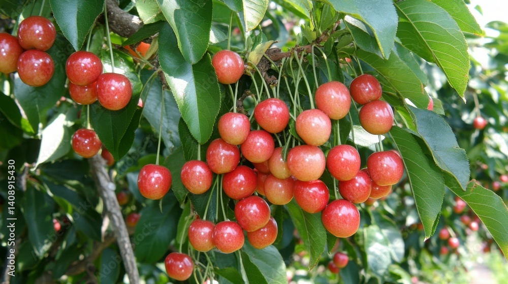 Fresh Cherry Fruits Growing on Lush Green Tree Branches Fresh Cherry Fruits Growing on Lush Green Tree Branches