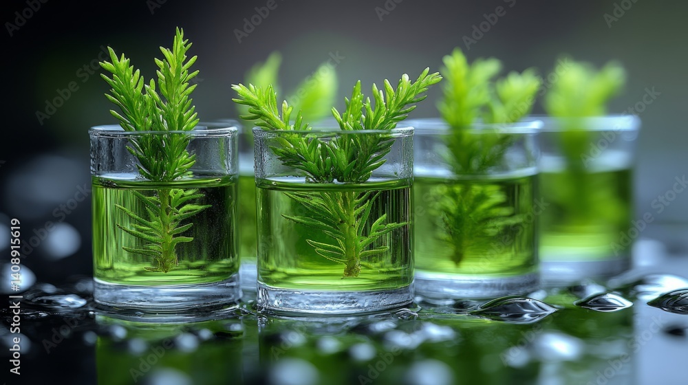 Four small glasses with evergreen sprigs in water, placed on a wet surface with blurred greenery in the background Four small glasses with evergreen sprigs in water, placed on a wet surface with blurred greenery in the background
