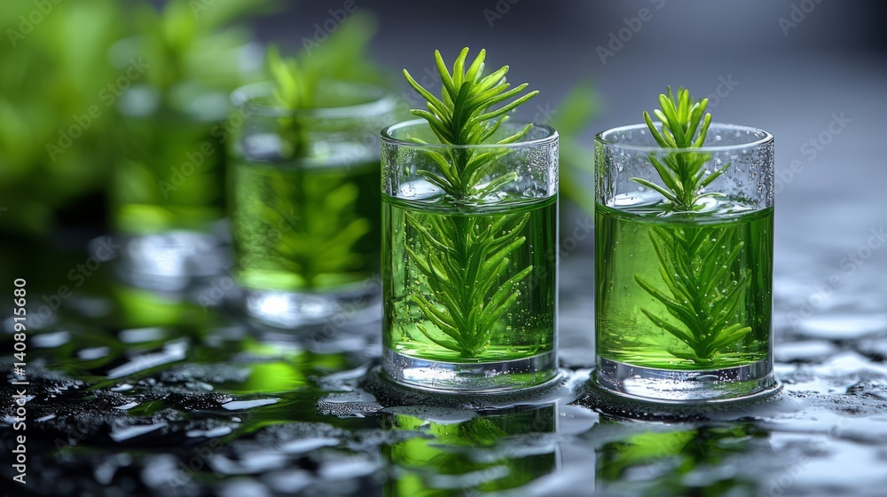 Four small glasses with evergreen sprigs in water, placed on a wet surface with blurred greenery in the background Four small glasses with evergreen sprigs in water, placed on a wet surface with blurred greenery in the background