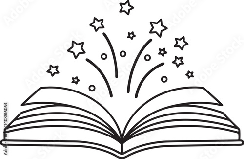 Open library book magic of reading, sparkle vector silhouette on a white background