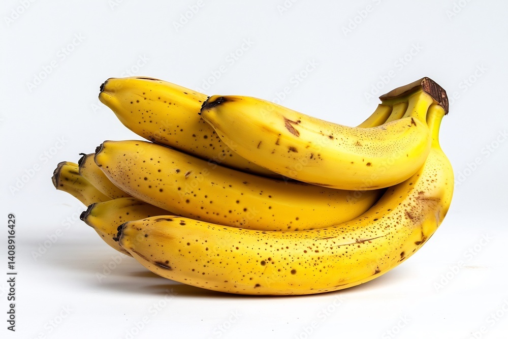 Bunch of ripe bananas elegantly curved positioned against a plain white backdrop focusing on their smooth yellow skin Bunch of ripe bananas elegantly curved positioned against a plain white backdrop focusing on their smooth yellow skin
