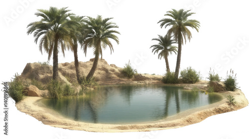 Desert Oasis Pond with Palm Trees Photorealistic Style Transparent Background