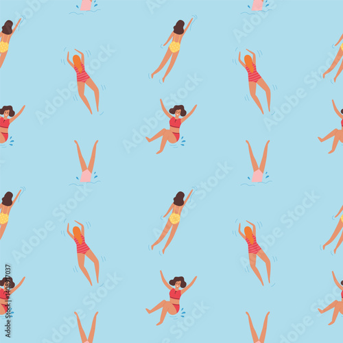 Funny pattern with young women swimming in the sea