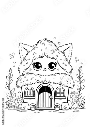 Cute Fluffy Cat House – Kawaii Animal Cottage Coloring Page for Kids and Printable Art