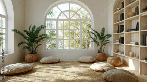 Cozy Interior Room with Natural Light, Large Windows, and Beautiful Plants, Featuring Wooden Bookshelf for Tranquil Decor