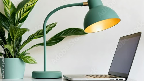 Modern Workspace with Green Desk Lamp, Laptop, and Potted Plant for Stylish Home Office Interior Setup