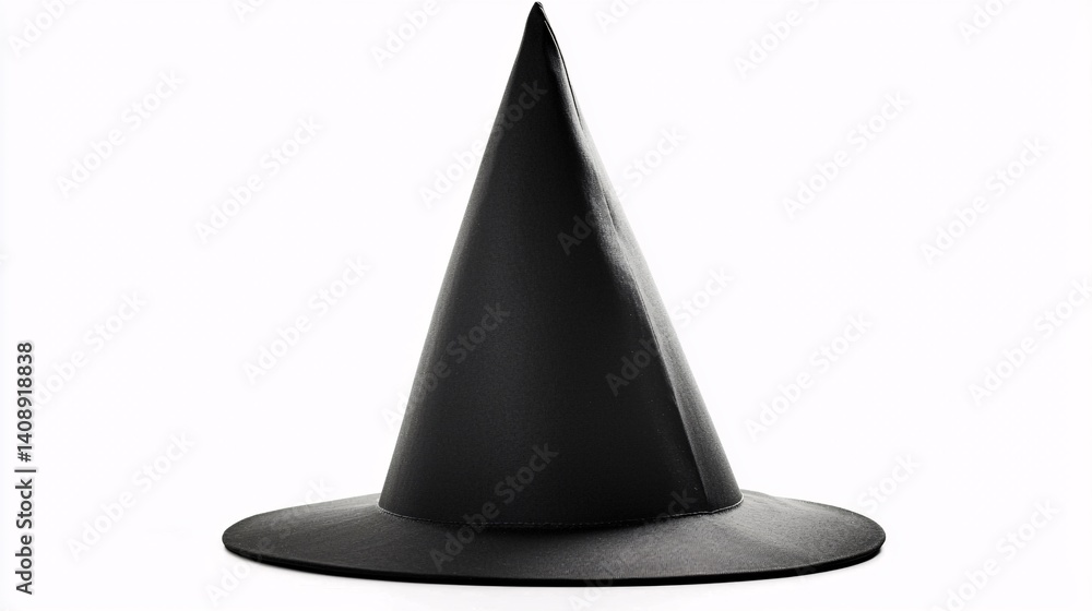 Fototapeta premium black wizard hat with no embellishments, sleek and modern pointed design, centered against pure white, ideal for generic magical or dark fantasy use. Fantasy wizard hat.isolate on white background 