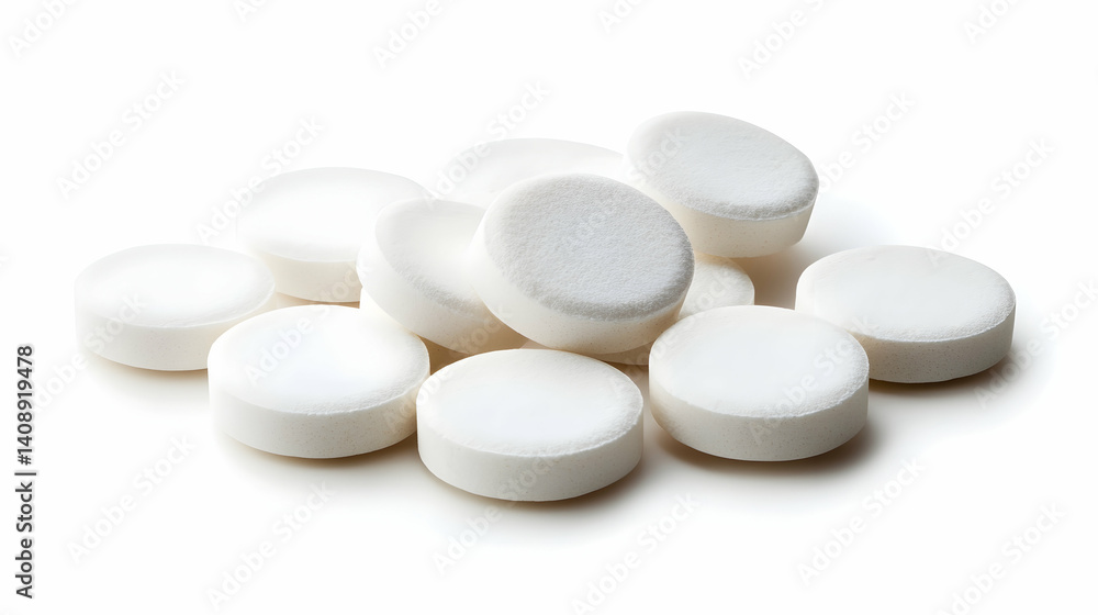 Pile of White Round Tablets on White Surface, Healthcare Concept Pile of White Round Tablets on White Surface, Healthcare Concept