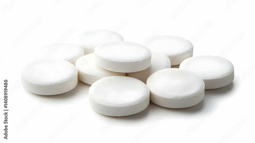 Pile of Round White Pills on a White Background Pile of Round White Pills on a White Background
