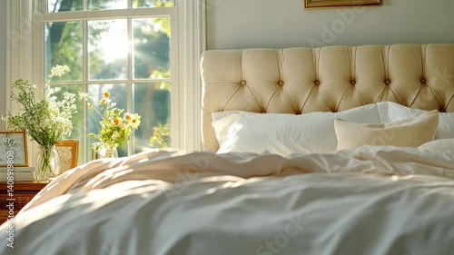 Cozy Bedroom with Tufted Headboard, Soft Bedding, Sunlight Streaming Through Window, and Flowers Creating Inviting Atmosphere