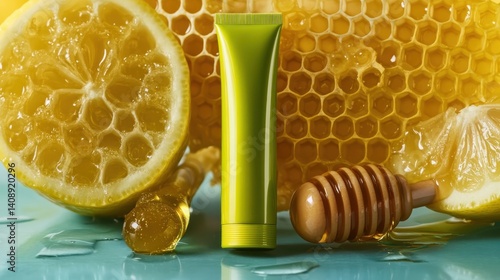 green blank cosmetic tube on lemon with honey from honeycomb
