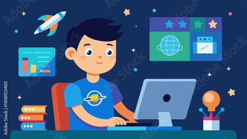 A young boy uses coding to create a simulation game that teaches players about physics and science concepts.. Vector illustration