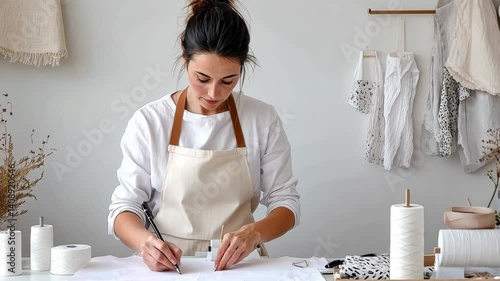 Woman in apron showcases creativity in bright workspace, sketching fabric designs and patterns surrounded by sewing materials for beautiful handmade items.