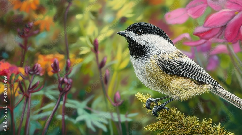 Obraz premium Black-capped chickadee amidst a vibrant flower garden.