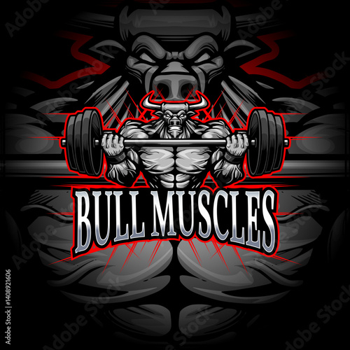 Bull Mascot Logo – Muscular Minotaur Lifting Barbell. A powerful bull mascot logo featuring a muscular anthropomorphic bull lifting a heavy barbell. The bold cartoon style and intense design elements.
