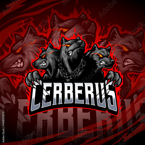Cerberus Mascot Logo – Three-Headed Hellhound Character Design. A fierce Cerberus mascot logo featuring a three-headed black dog with glowing red eyes and a flaming background.