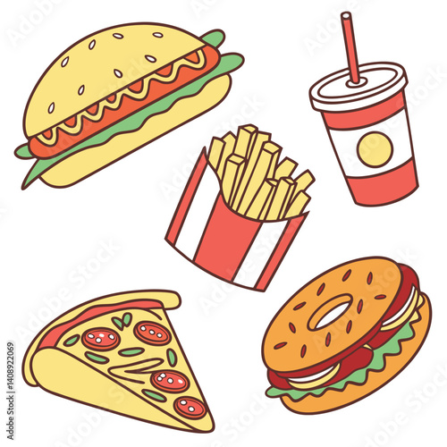 fast food restaurant menu sticker pack set vector