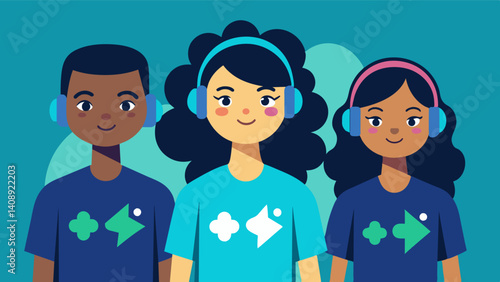 A group of teenagers wearing matching coding camp tshirts sporting headphones and lost in concentration as they work on their individual projects.. Vector illustration