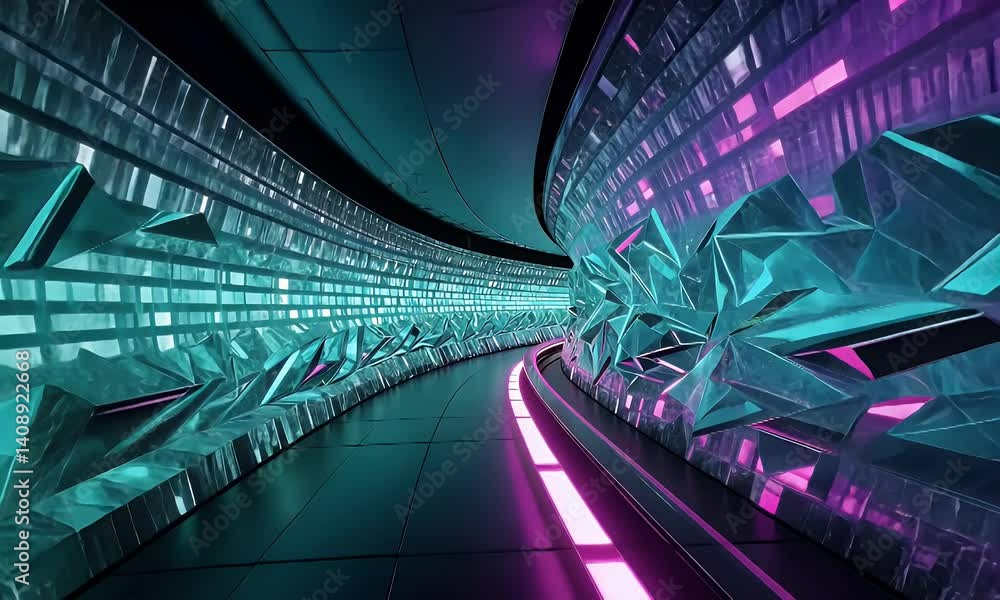 Futuristic tunnel with teal and magenta geometric patterns