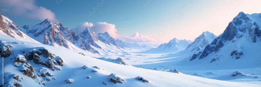 Fototapeta premium Snowy planetary landscape with frozen mountains and valleys, space, planetary, winter