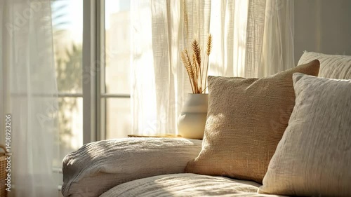 Cozy living room with soft pillows, natural light, and decorative vase featuring textured cushions and gentle curtains for serene atmosphere.