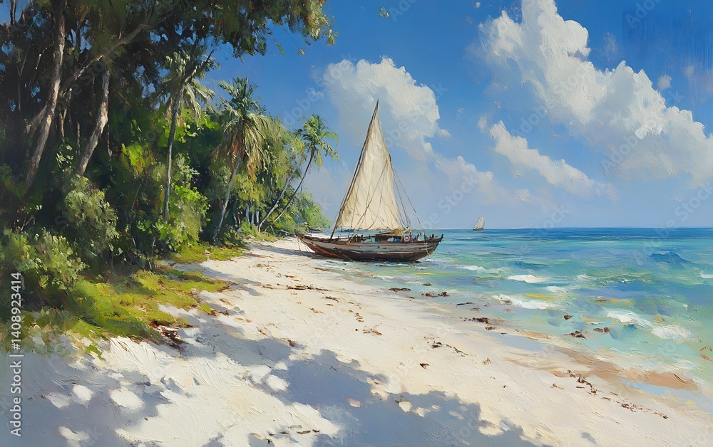 Obraz premium Tropical Beach Scene with Dhow Sailboat at Anchor