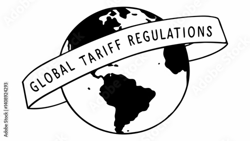 Global Tariff Regulations Symbol: A symbolic illustration depicting a globe encircled by a ribbon inscribed with the words "Global Tariff Regulations," evoking concepts of international trade.