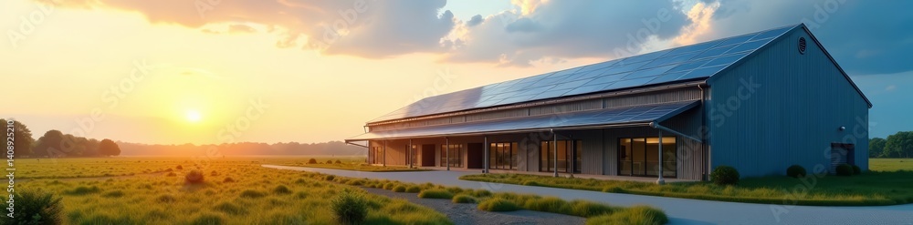 Modern factory building with solar panels on roof during sunny day, green, factory, renewable Modern factory building with solar panels on roof during sunny day, green, factory, renewable