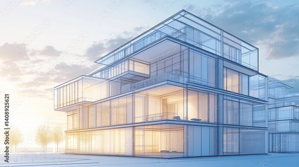 Architectural blueprint of a multi-story modern building with glass panels and open balconies against a sky Architectural blueprint of a multi-story modern building with glass panels and open balconies against a sky