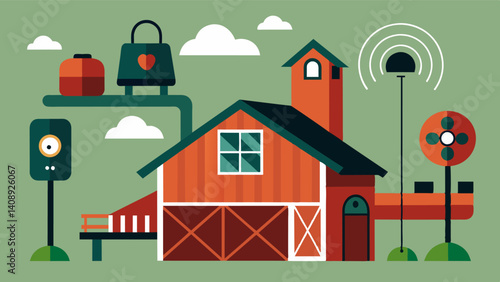 Motionactivated cameras and sensors that can detect and prevent potential intruders or predators from entering the barn.. Vector illustration