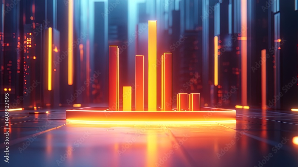A 3D bar chart emerging from a glowing platform, surrounded by minimalist corporate icons A 3D bar chart emerging from a glowing platform, surrounded by minimalist corporate icons