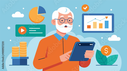 A retiree uses a financial app to compare different retirement accounts based on realtime data and historical performance to make informed investment decisions.. Vector illustration