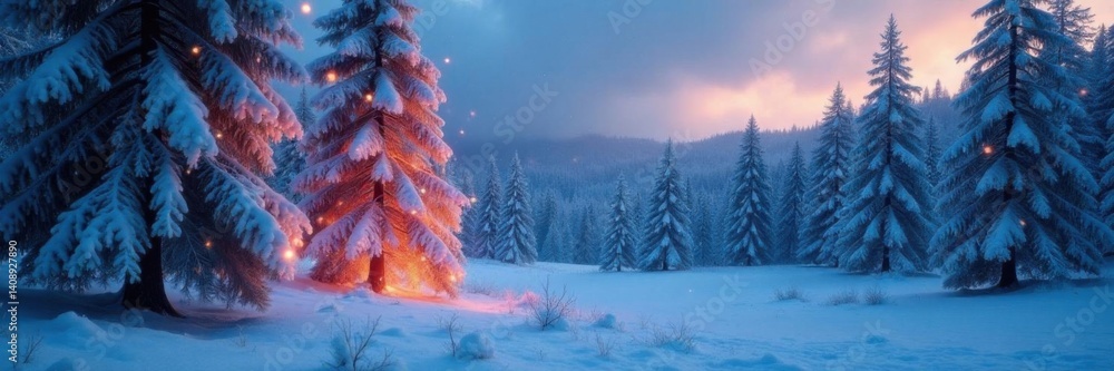 Fototapeta premium Frosty forest landscape with snow-covered trees and twinkling lights, winter, forest, snow
