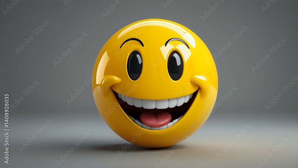 Fototapeta premium Happy Emoji Smiling with Open Mouth on Gray Background