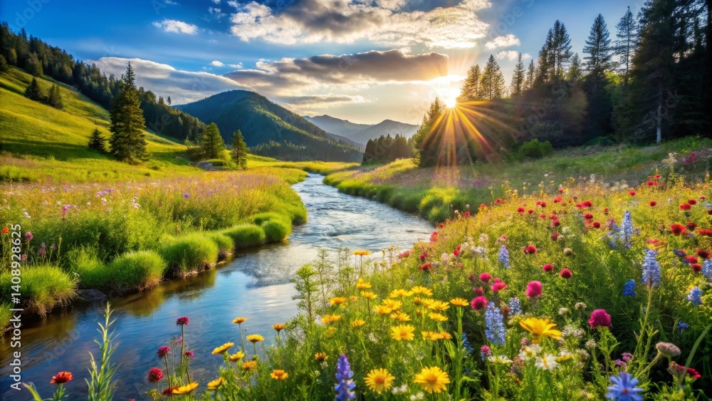 Obraz premium Serene Mountain Landscape with Flowing River and Wildflowers