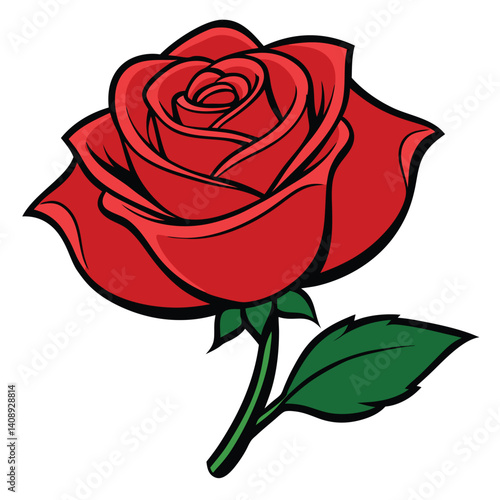 Elegant Black Rose Blossom with Stem and Leaves on White Background | Minimalist Design