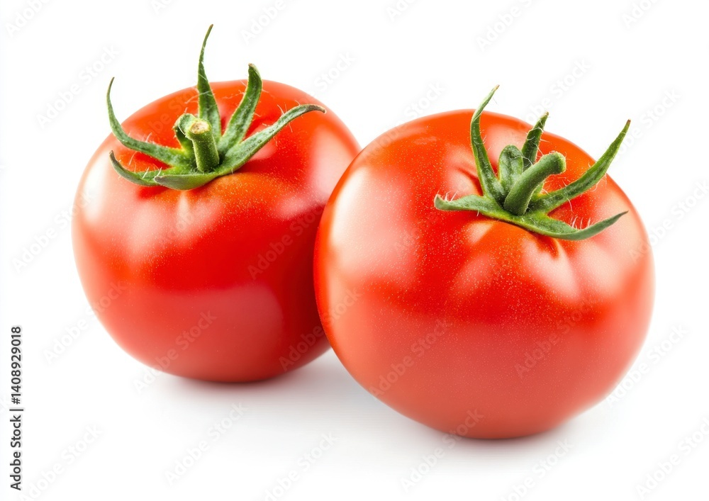 Fresh Red Tomatoes on White Background with Green Leaves