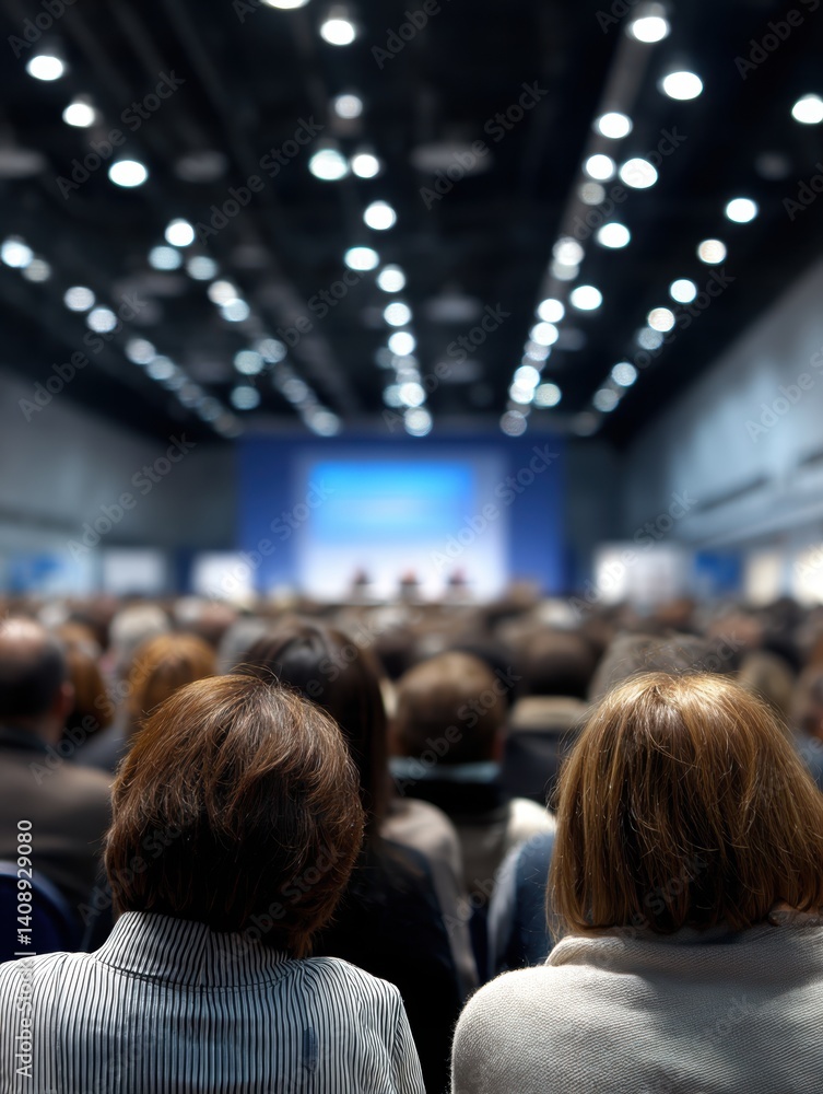 Naklejka premium Business professionals actively participate in a panel discussion at a large conference - leadership expertise communication