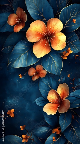 Elegant Floral Wallpaper Stunning Mobile Wallpaper with Dark Blue and Orange Flowers