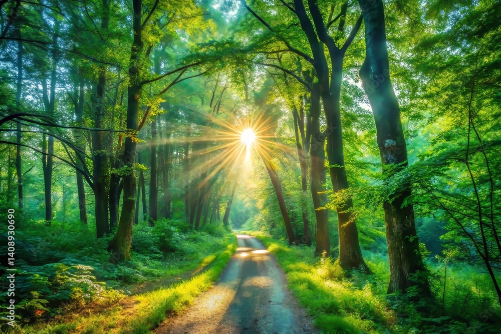 Fototapeta premium Sunlit Path Through Green Forest