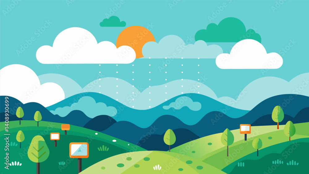 Fototapeta premium A peaceful countryside with gentle binary code clouds drifting above the rolling hills and quietly delivering data to connected devices.. Vector illustration